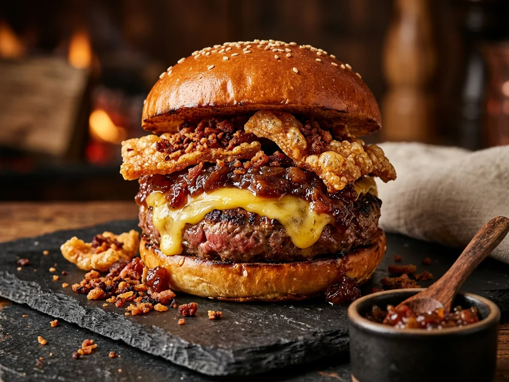 Hamburguesa de Chuleta Ahumada: pan rústico tostado con mantequilla, lechuga, tomate, patatas paja, chuleta…