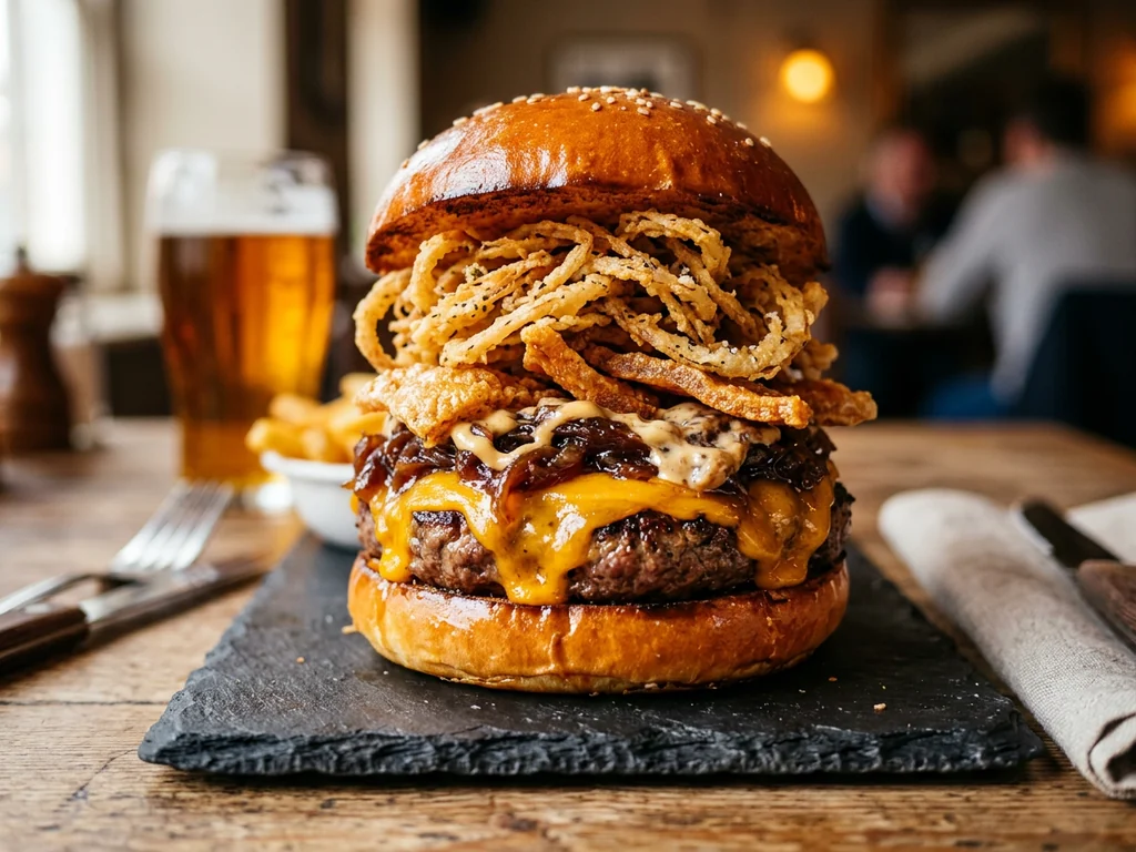 Hamburguesa Doble Smash: pan brioche tostado con mantequilla, dos carnes de ternera, doble cheddar…