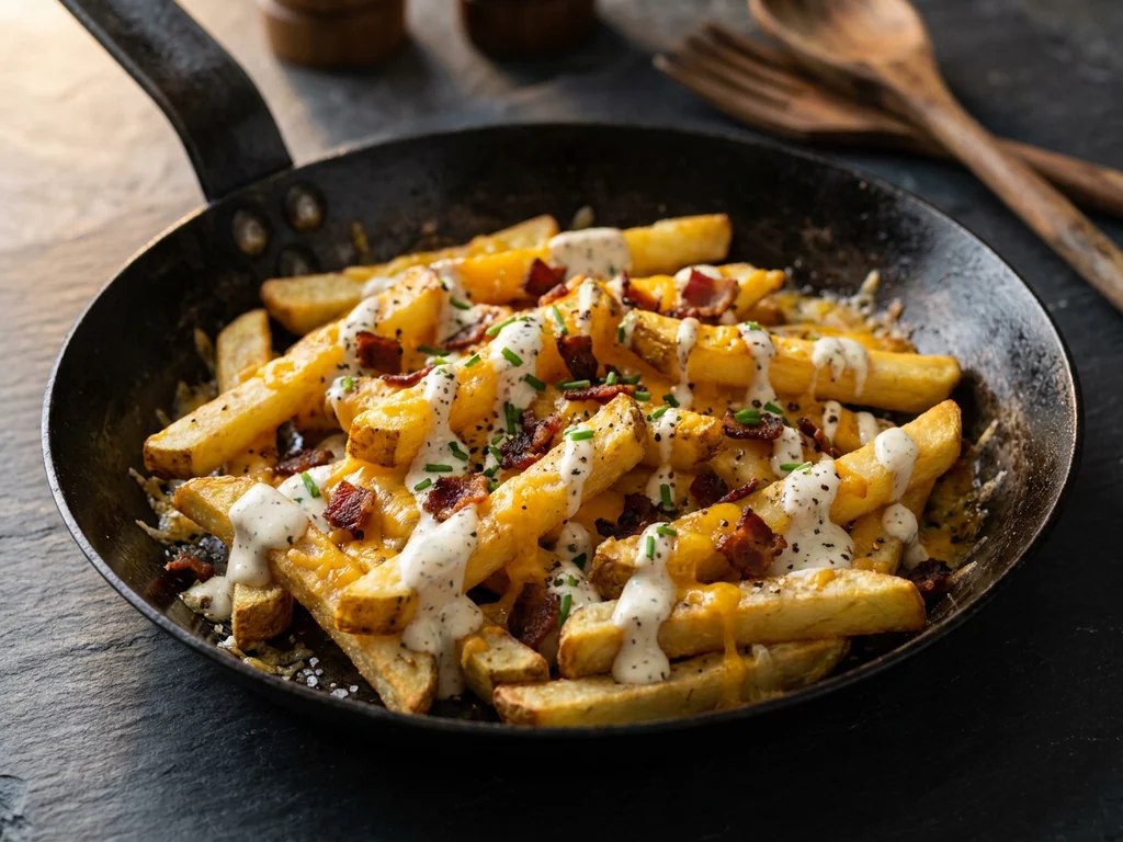 Especial Papola: patatas fritas, ternera, pollo a la plancha, queso gouda, maíz y salsas